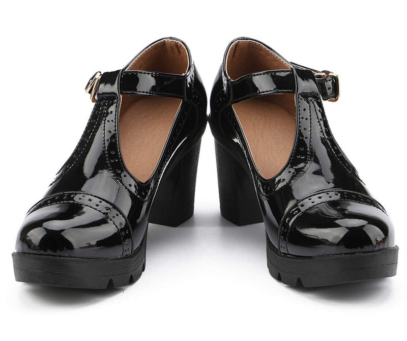 DADAWEN Women's Classic T-Strap Platform Mid-Heel Square Toe Oxfords Dress Shoes Black US Size 8.5 - Image 2